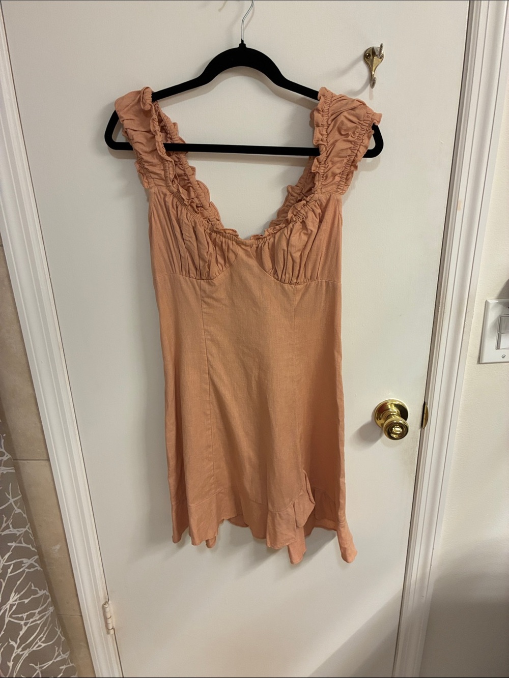 Free People Peach Mini Dress with Ruffled Straps Sz XS-Linen Blend.